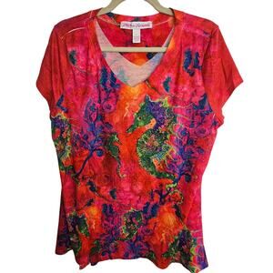 Leoma Lovegrove T-Shirt Sea Horse Print Artsy Whimsical Art To Wear Sz PL Bling